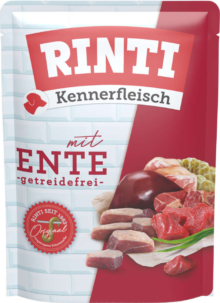 RINTI Hunde-Nassfutter Kennerfleisch Ente im Pouchbeutel
